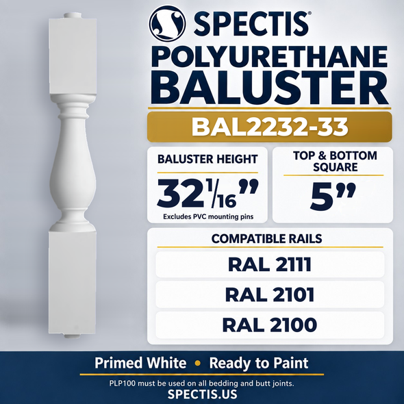 BAL2232-33 Spectis Polyurethane Baluster — 32 1/16″ H × 5″ Square; compatible rails: RAL 2111, RAL 2101, RAL 2100