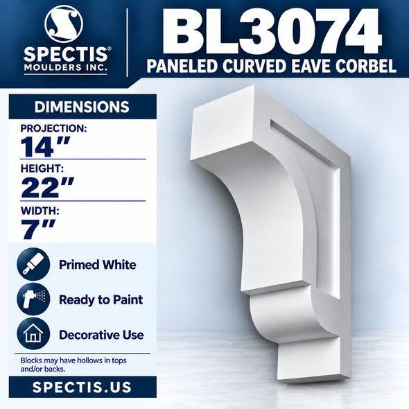 BL3074 Paneled Curved Eave Corbel 7"W x 22"H x 14"P
