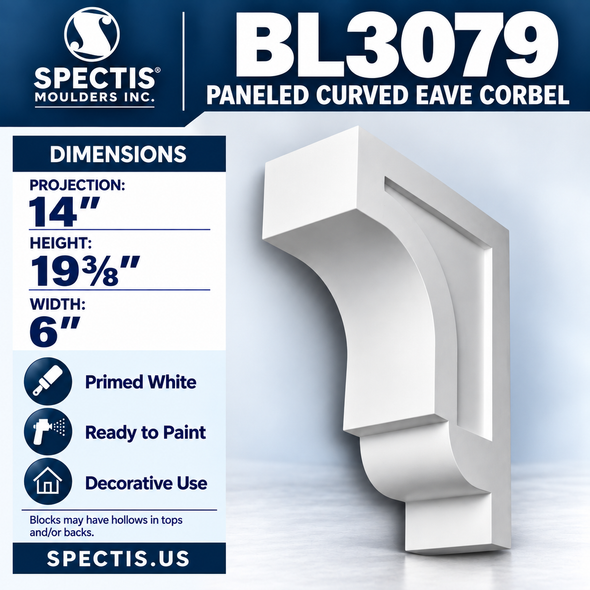 BL3079 Paneled Curved Eave Corbel 6"W x 19.375"H x 14"P