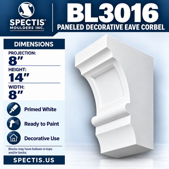 BL3016 Paneled Decorative Eave Corbel 8"W x 14"H x 8"P