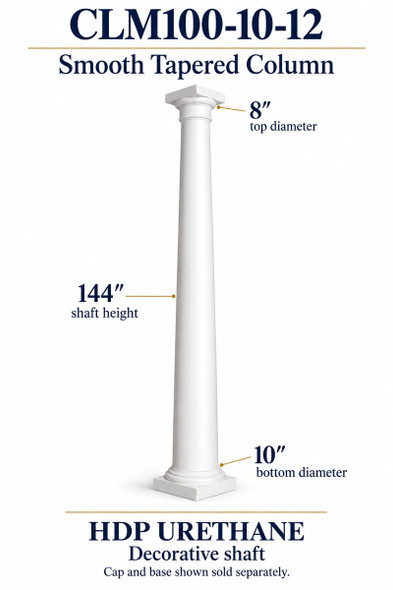 CLM100-10-12 Smooth Tapered Decorative Column – 10″ bottom × 8″ top × 144″ shaft