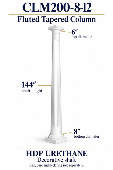 CLM200-8-12 Fluted Tapered Decorative Column – 8″ bottom × 6″ top × 144″ shaft – HDP urethane