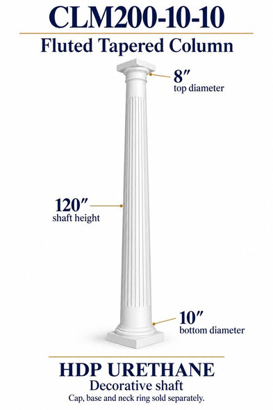 CLM200-10-10 Fluted Tapered Decorative Column – 10″ bottom × 8″ top × 120″ shaft – HDP urethane