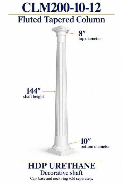 CLM200-10-12 Fluted Tapered Decorative Column – 10″ bottom × 8″ top × 144″ shaft – HDP urethane