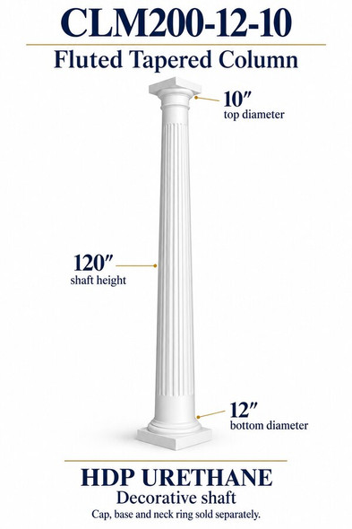 CLM200-12-10 Fluted Tapered Decorative Column – 12″ bottom × 10″ top × 120″ shaft – HDP urethane