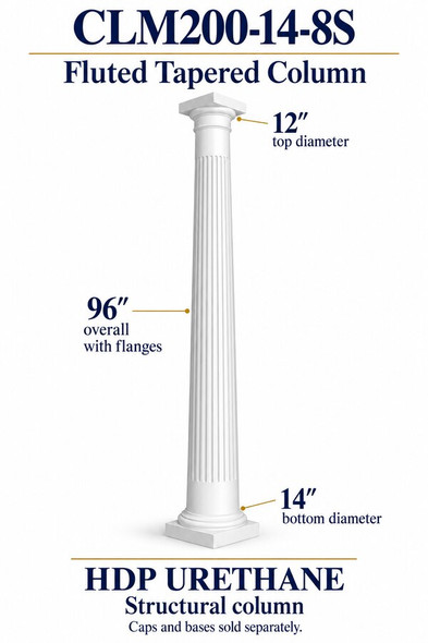 CLM200-14-8S Fluted Tapered Structural Column – 14″ bottom × 12″ top × 96″ overall – HDP urethane