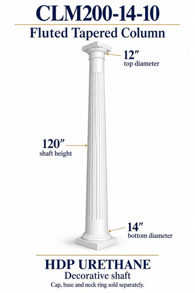 CLM200-14-10 Fluted Tapered Decorative Column – 14″ bottom × 12″ top × 120″ shaft – HDP urethane
