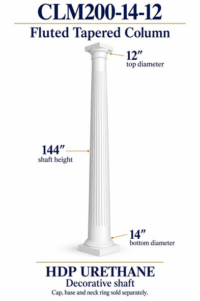 CLM200-14-12 Fluted Tapered Decorative Column – 14″ bottom × 12″ top × 144″ shaft – HDP urethane