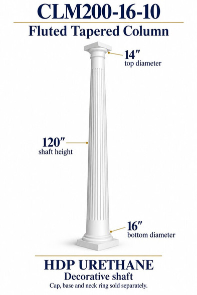 CLM200-16-10 Fluted Tapered Decorative Column – 16″ bottom × 14″ top × 120″ shaft – HDP urethane