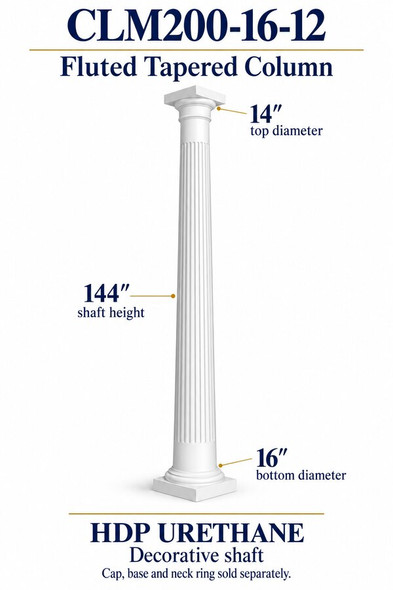 CLM200-16-12 Fluted Tapered Decorative Column – 16″ bottom × 14″ top × 144″ shaft – HDP urethane