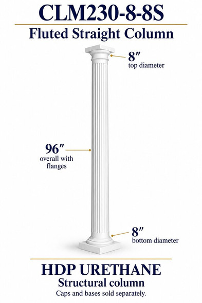 CLM230-8-8S Fluted Straight Structural Column – 8″ diameter × 96″ overall – HDP urethane