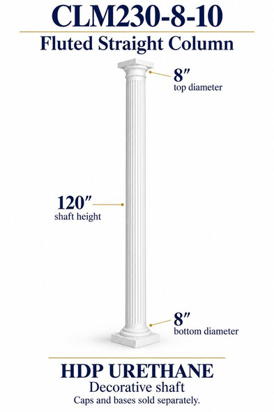 CLM230-8-10 Fluted Straight Decorative Column – 8″ diameter × 120″ shaft – HDP urethane