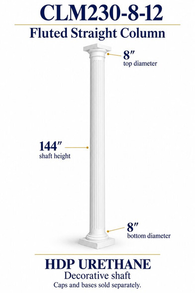CLM230-8-12 Fluted Straight Decorative Column – 8″ diameter × 144″ shaft – HDP urethane