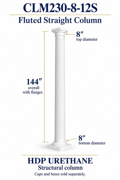 CLM230-8-12S Fluted Straight Structural Column – 8″ diameter × 144″ overall – HDP urethane