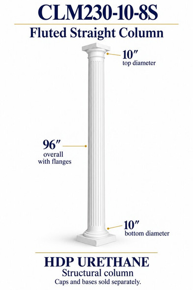 CLM230-10-8S Fluted Straight Structural Column – 10″ diameter × 96″ overall – HDP urethane
