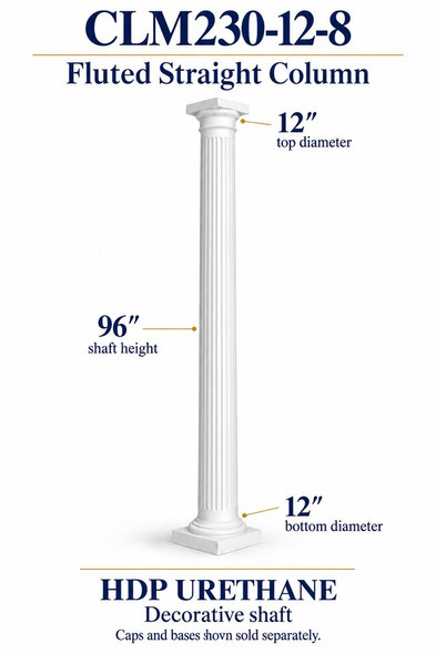 CLM230-12-8 Fluted Straight Decorative Column – 12″ diameter × 96″ shaft – HDP urethane
