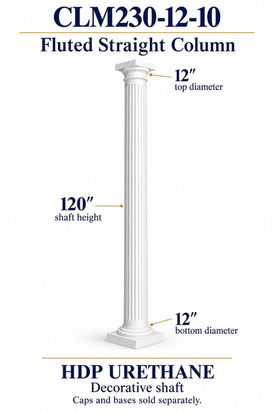 CLM230-12-10 Fluted Straight Decorative Column – 12″ diameter × 120″ shaft – HDP urethane
