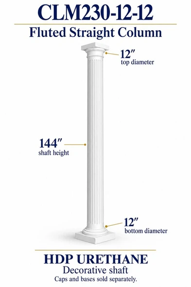 CLM230-12-12 Fluted Straight Decorative Column – 12″ diameter × 144″ shaft – HDP urethane