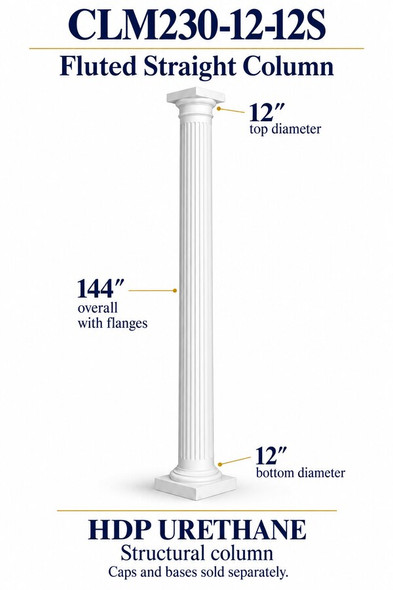 CLM230-12-12S Fluted Straight Structural Column – 12″ diameter × 144″ overall – HDP urethane