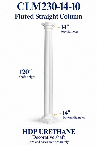 CLM230-14-10 Fluted Straight Decorative Column – 14″ diameter × 120″ shaft – HDP urethane