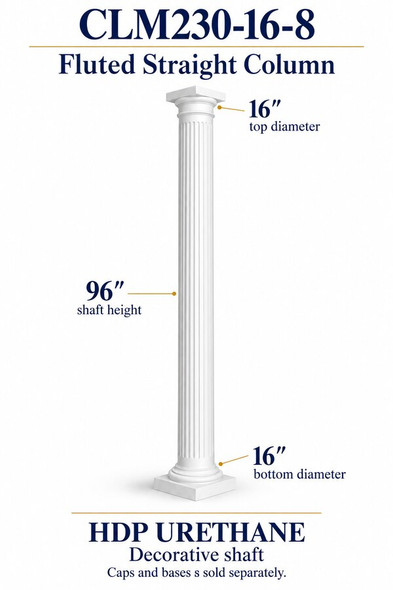 CLM230-16-8 Fluted Straight Decorative Column – 16″ diameter × 96″ shaft – HDP urethane