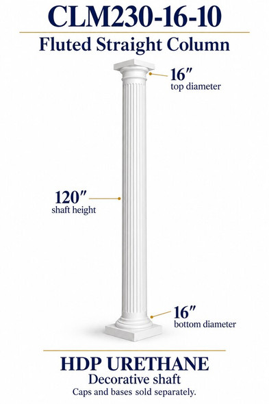 CLM230-16-10 Fluted Straight Decorative Column – 16″ diameter × 120″ shaft – HDP urethane