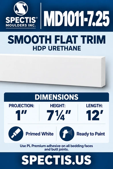 MD1011-7.25 Smooth Flat Trim — HDP Urethane — 1″ P × 7¼″ H × 12′ L