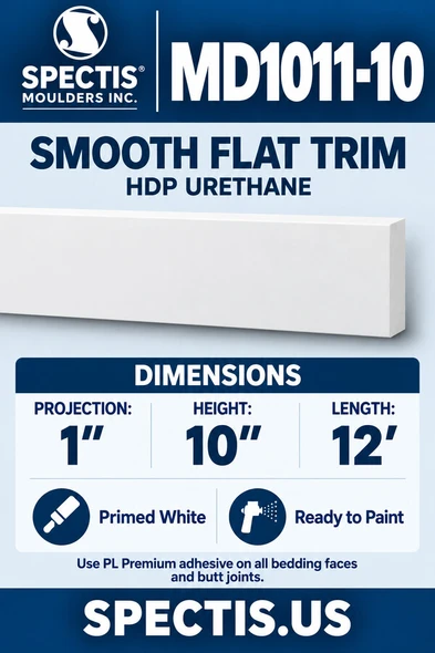 MD1011-10 Smooth Flat Trim — HDP Urethane — 1″ P × 10″ H × 12′ L