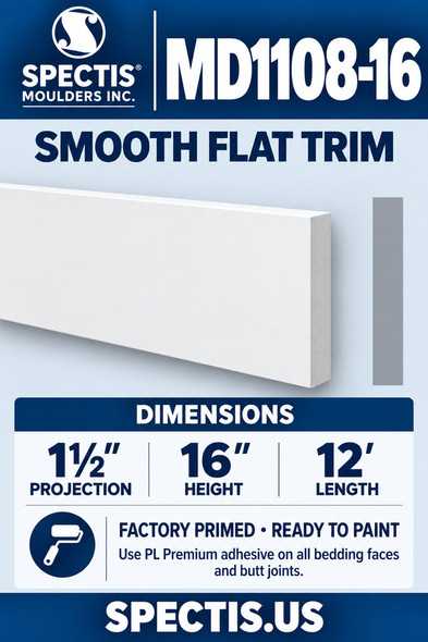 MD1108-16 Smooth Flat Trim — 1½″ projection × 16″ height × 12′ length