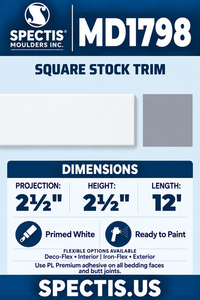 MD1798 Square Stock Trim — Polyurethane — 2½″ P × 2½″ H × 12′ L — clean moulding and matching side profile