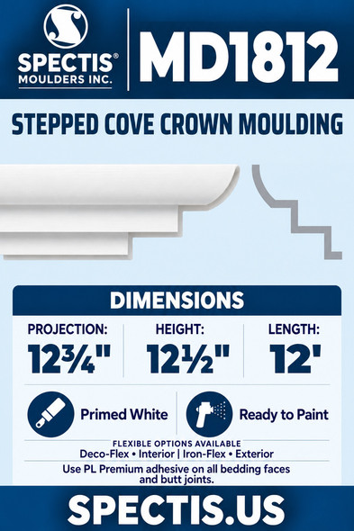 MD1812 Stepped Cove Crown Moulding — Polyurethane — 12¾″ P × 12½″ H × 12′ L — clean moulding and matching side profile