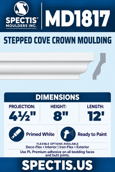 MD1817 Stepped Cove Crown Moulding — Polyurethane — 4½″ P × 8″ H × 12′ L — clean moulding and matching side profile