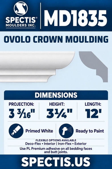 MD1835 Ovolo Crown Moulding — Polyurethane — 3 3⁄16″ P × 3¼″ H × 12′ L — clean moulding and matching side profile