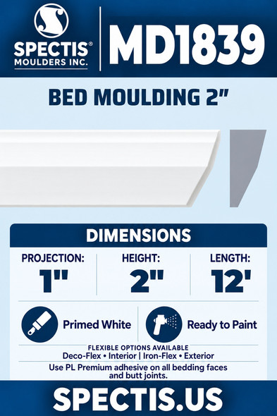 MD1839 Bed Moulding 2″ — Polyurethane — 1″ P × 2″ H × 12′ L — clean moulding and matching side profile