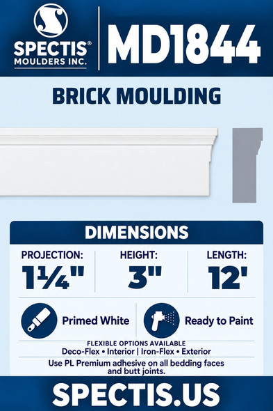 MD1844 Brick Moulding — Polyurethane — 1¼″ P × 3″ H × 12′ L — clean moulding and matching side profile