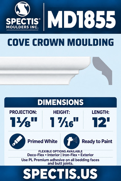 MD1855 Cove Crown Moulding — Polyurethane — 1⅛″ P × 1 7⁄16″ H × 12′ L — clean moulding and matching side profile