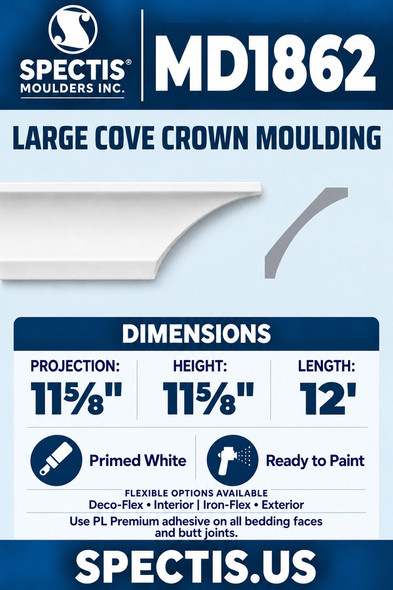 MD1862 Large Cove Crown Moulding — Polyurethane — 11⅝″ P × 11⅝″ H × 12′ L — moulding and matching side profile
