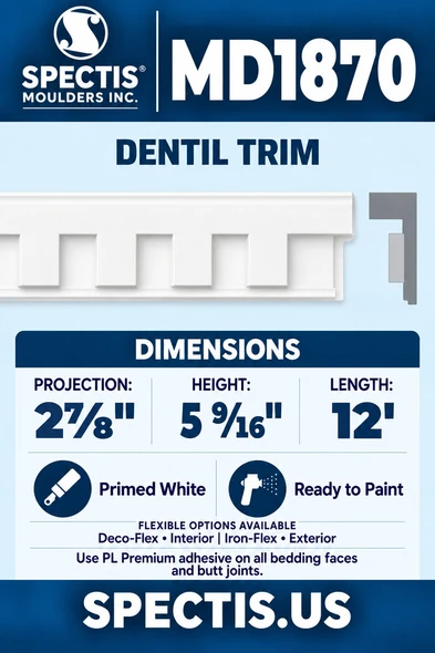MD1870 Dentil Trim — Polyurethane — 2⅞″ P × 5 9⁄16″ H × 12′ L — moulding and matching side profile