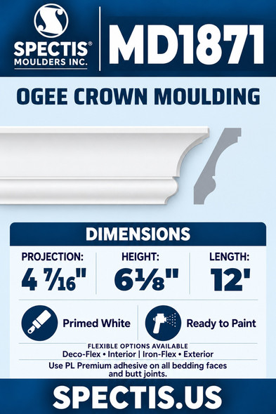 MD1871 Ogee Crown Moulding — Polyurethane — 4 7⁄16″ P × 6⅛″ H × 12′ L — moulding and matching side profile