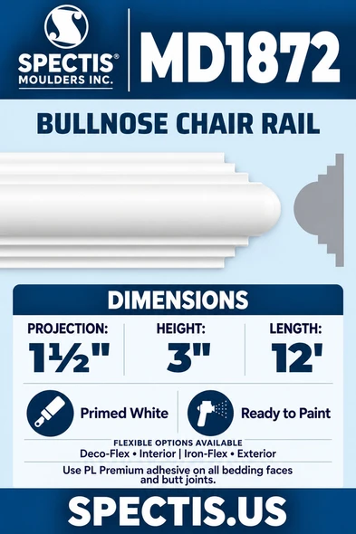 MD1872 Bullnose Chair Rail — Polyurethane — 1½″ P × 3″ H × 12′ L — moulding and matching side profile