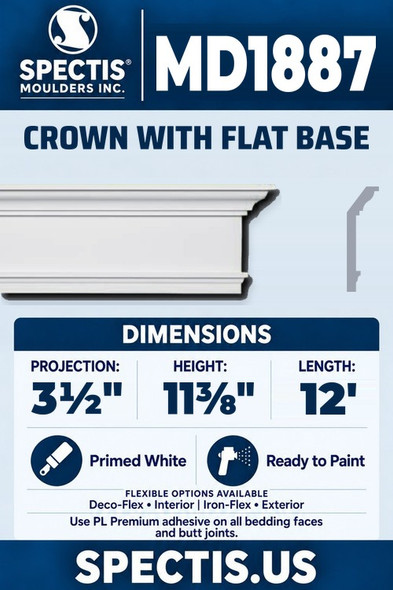 Spectis MD1887 crown with flat base, section and side profile. 3½ inch projection, 11⅜ inch height, 12 foot length. Use PL Premium adhesive. Flexible options: Deco-Flex for interior use; Iron-Flex for exterior use.