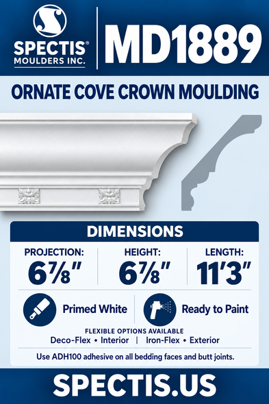 MD1889 Ornate Cove Crown Moulding — Polyurethane — 6⅞″ P × 6⅞″ H × 11′3″ L — moulding and matching side profile