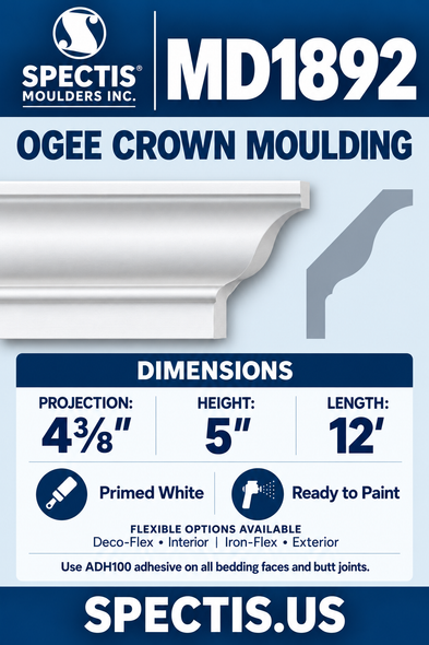 MD1892 Ogee Crown Moulding — Polyurethane — 4⅜″ P × 5″ H × 12′ L — moulding and matching side profile