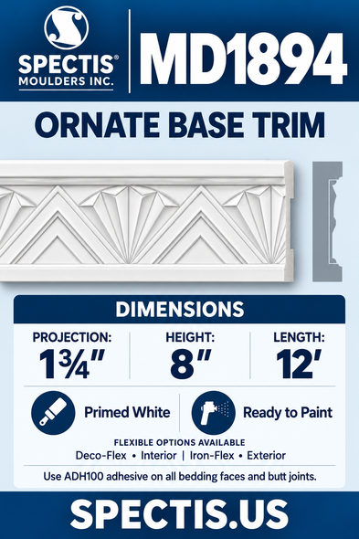 MD1894 Ornate Base Trim — Polyurethane — 1¾″ P × 8″ H × 12′ L — moulding and matching side profile