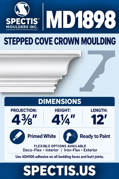 MD1898 Stepped Cove Crown Moulding — Polyurethane — 4⅜″ P × 4¼″ H × 12′ L — moulding and matching side profile