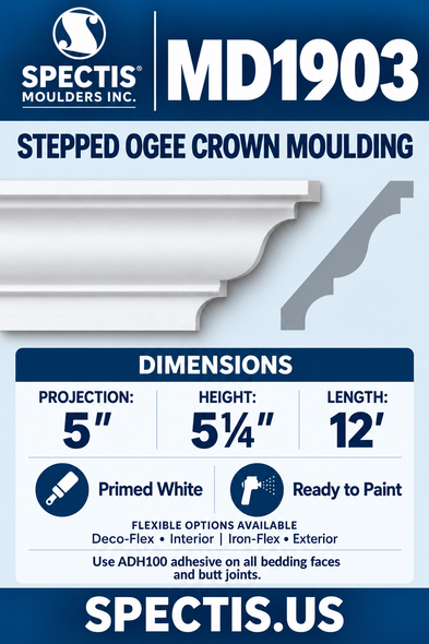 MD1903 Stepped Ogee Crown Moulding — Polyurethane — 5″ P × 5¼″ H × 12′ L — moulding and matching side profile