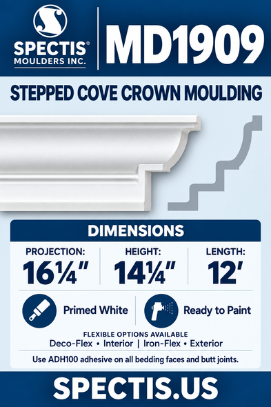 MD1909 Stepped Cove Crown Moulding — Polyurethane — 16¼″ P × 14¼″ H × 12′ L — moulding and matching side profile
