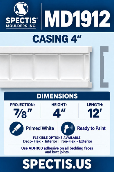 MD1912 Casing 4″ — Polyurethane — ⅞″ P × 4″ H × 12′ L — moulding and matching side profile