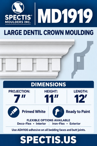 MD1919 Large Dentil Crown Moulding — Polyurethane — 7″ P × 11″ H × 12′ L — moulding and matching side profile
