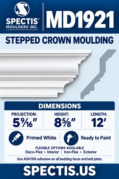 MD1921 Stepped Crown Moulding — Polyurethane — 5 9⁄16″ P × 8⅝″ H × 12′ L — moulding and matching side profile
